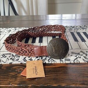 Vilenca Holland Genuine Brown Braided Leather Belt with Antique Emblem Buckle